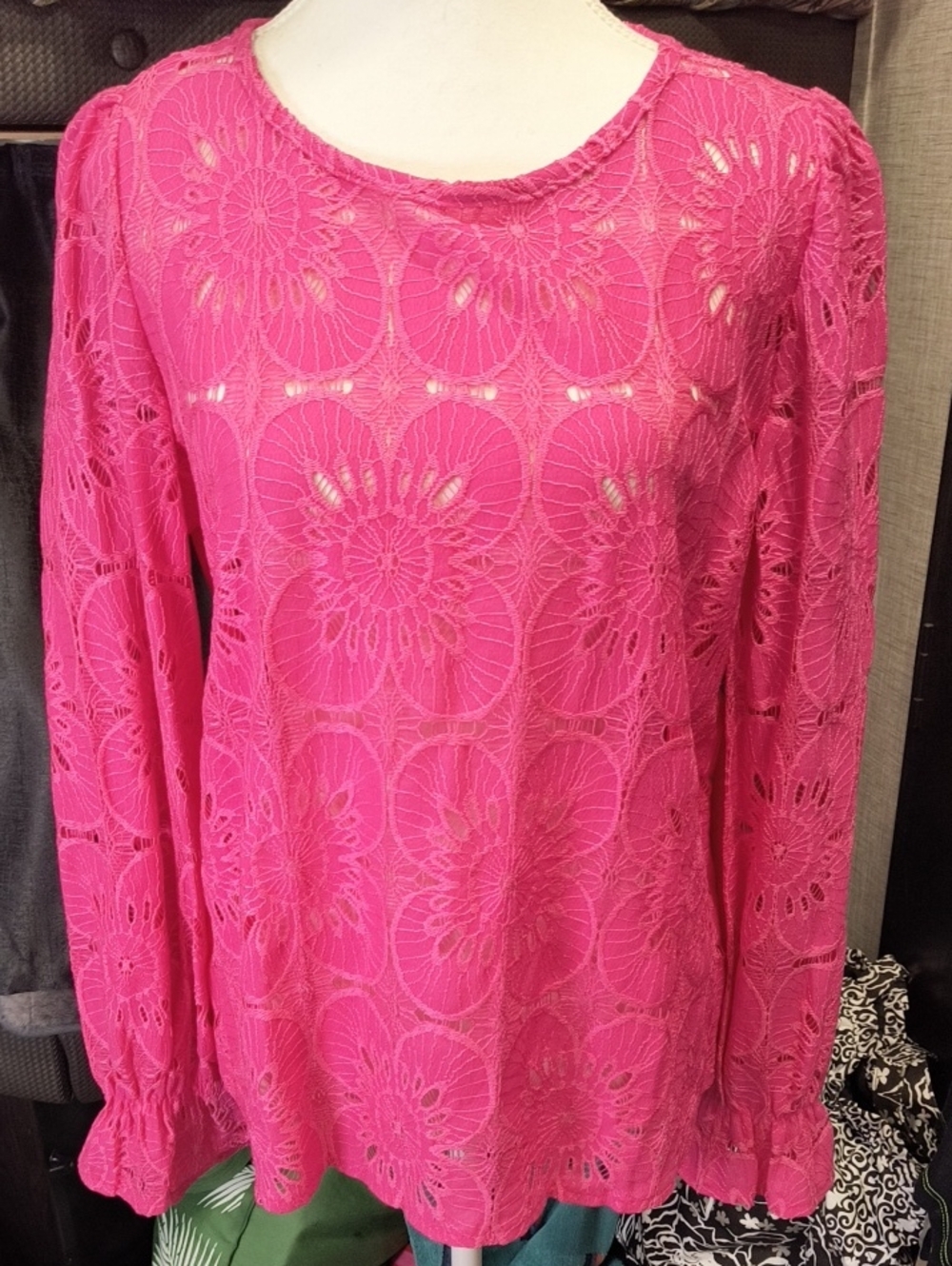 Luxveer Medium Women's Pink Lace Long-Sleeve Top With Elastic Sleeve Ruffle NWT